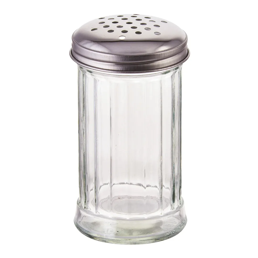 Winco G-103 Cheese/Spice Shaker, 12‑Oz Glass Jar with Perforated Silver Top, No Handle - 1 Dozen