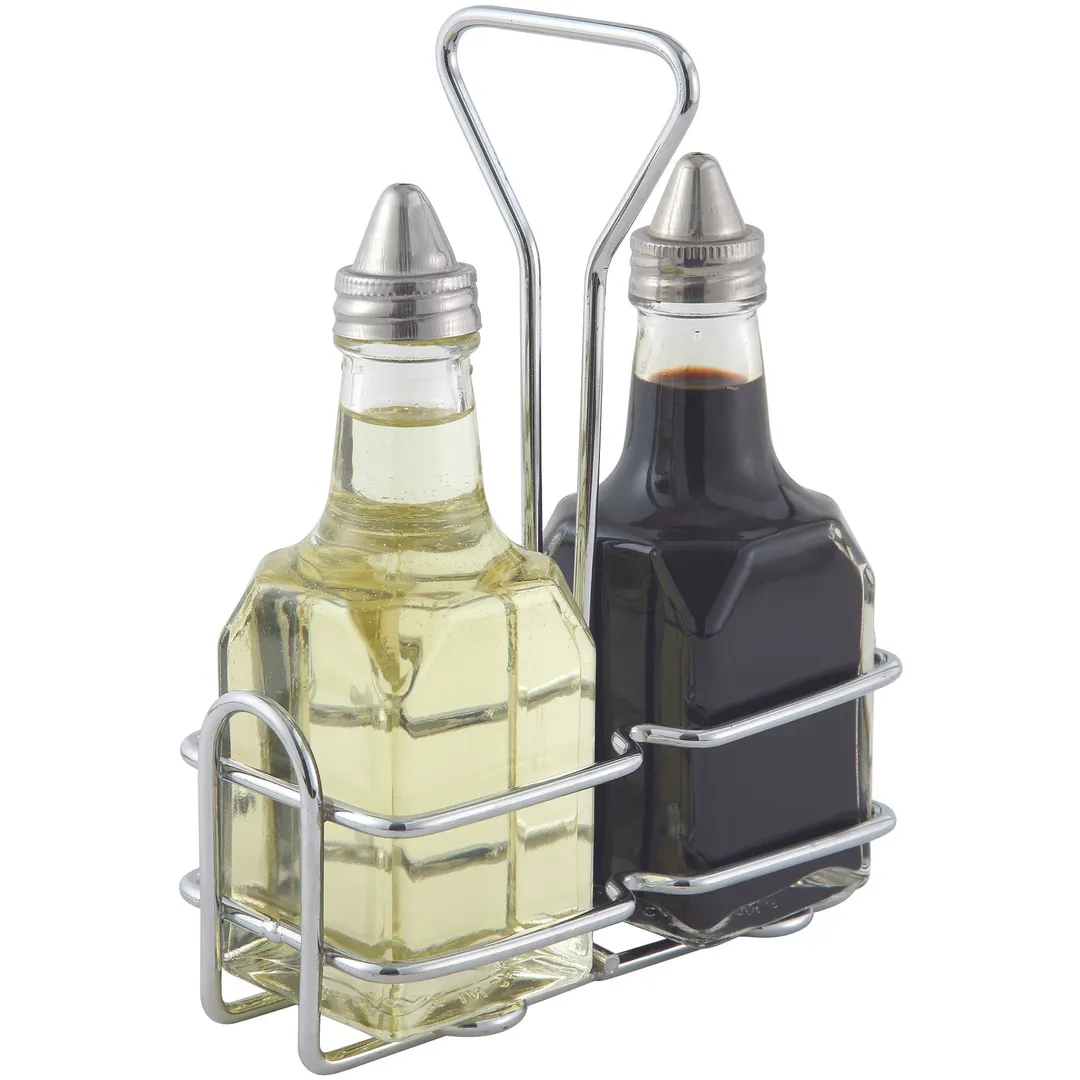 Winco G-104S Oil & Vinegar Cruet Set, 2 × 6 oz Glass Cruets with Lids, Chrome‑Plated Rack