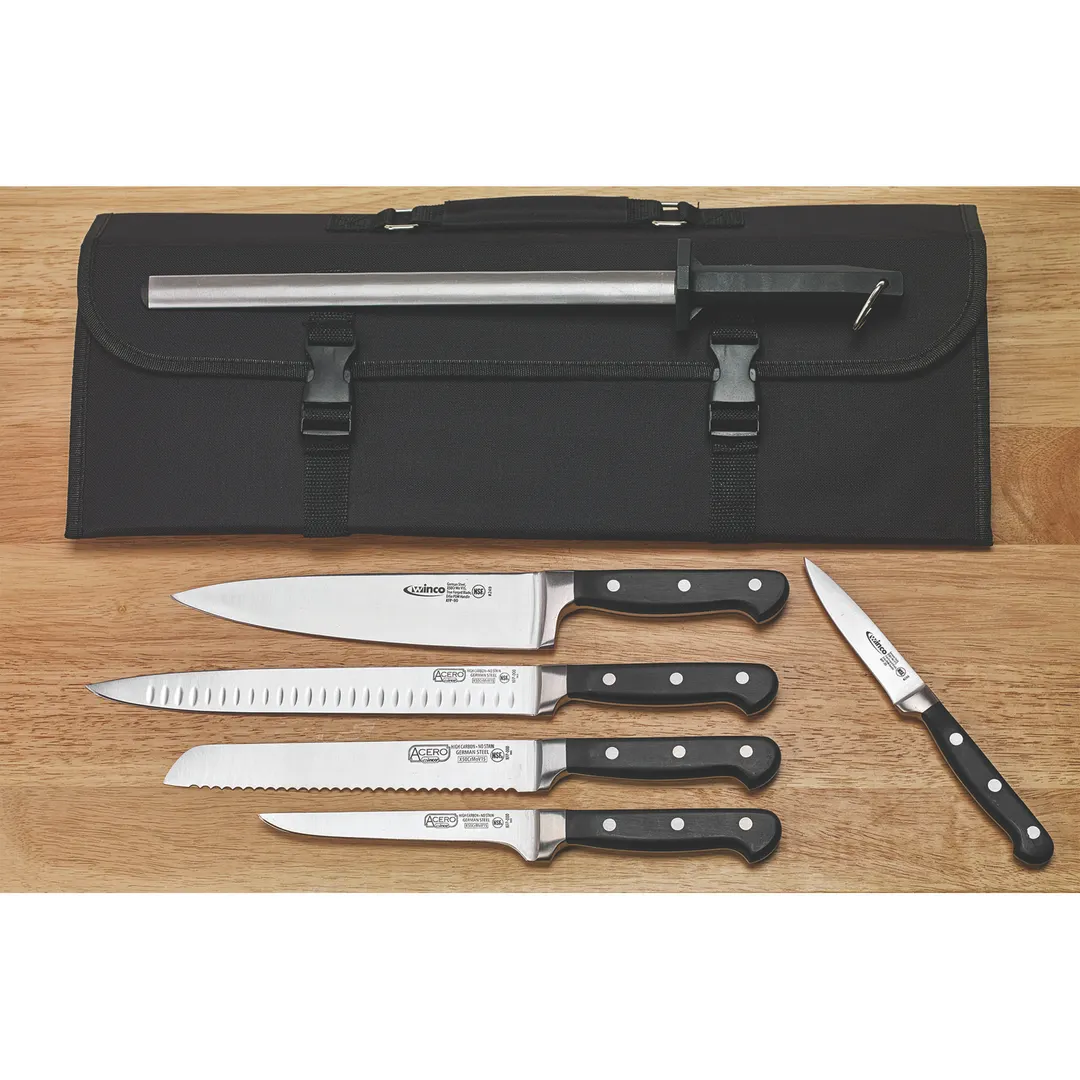 Winco KFP-KITA 8pcs Acero Set 3.5" Par 6" Boning 8" Chef&Bread 10" Slicer 12" Steel Shears Bag