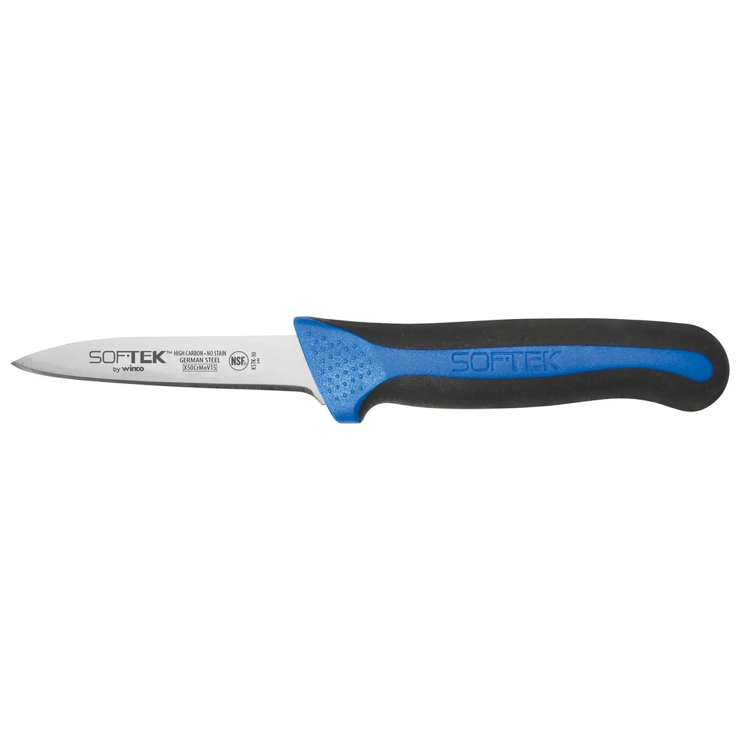 Winco KSTK-30 Sof‑Tek™ Paring Knife, 3¼‑in X50CrMoV15 steel blade, black/blue TPR handle - 2/Pack