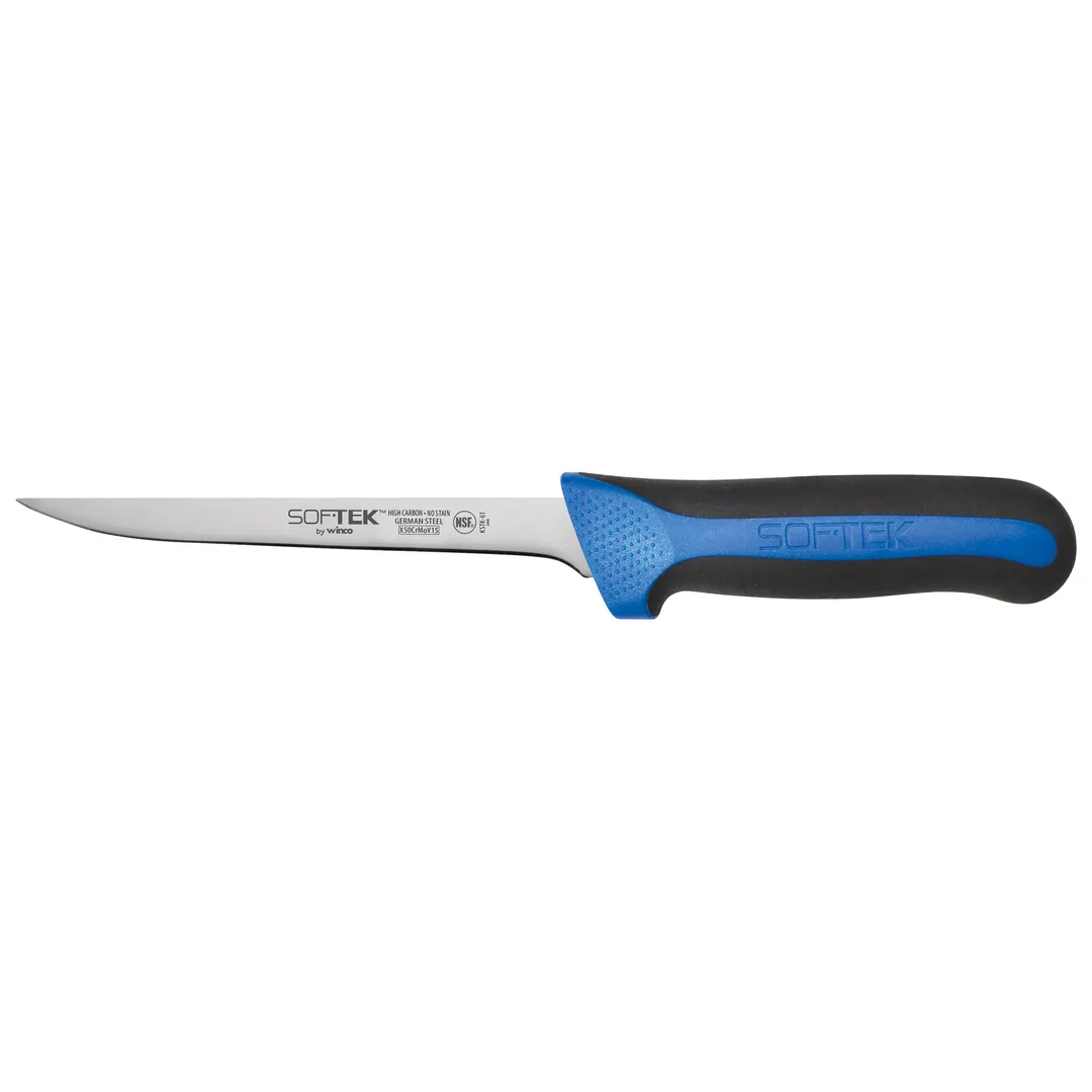 Winco KSTK-61 Sof-Tek 6" Narrow Boning Knife w/ Blue / Black TPR Handle