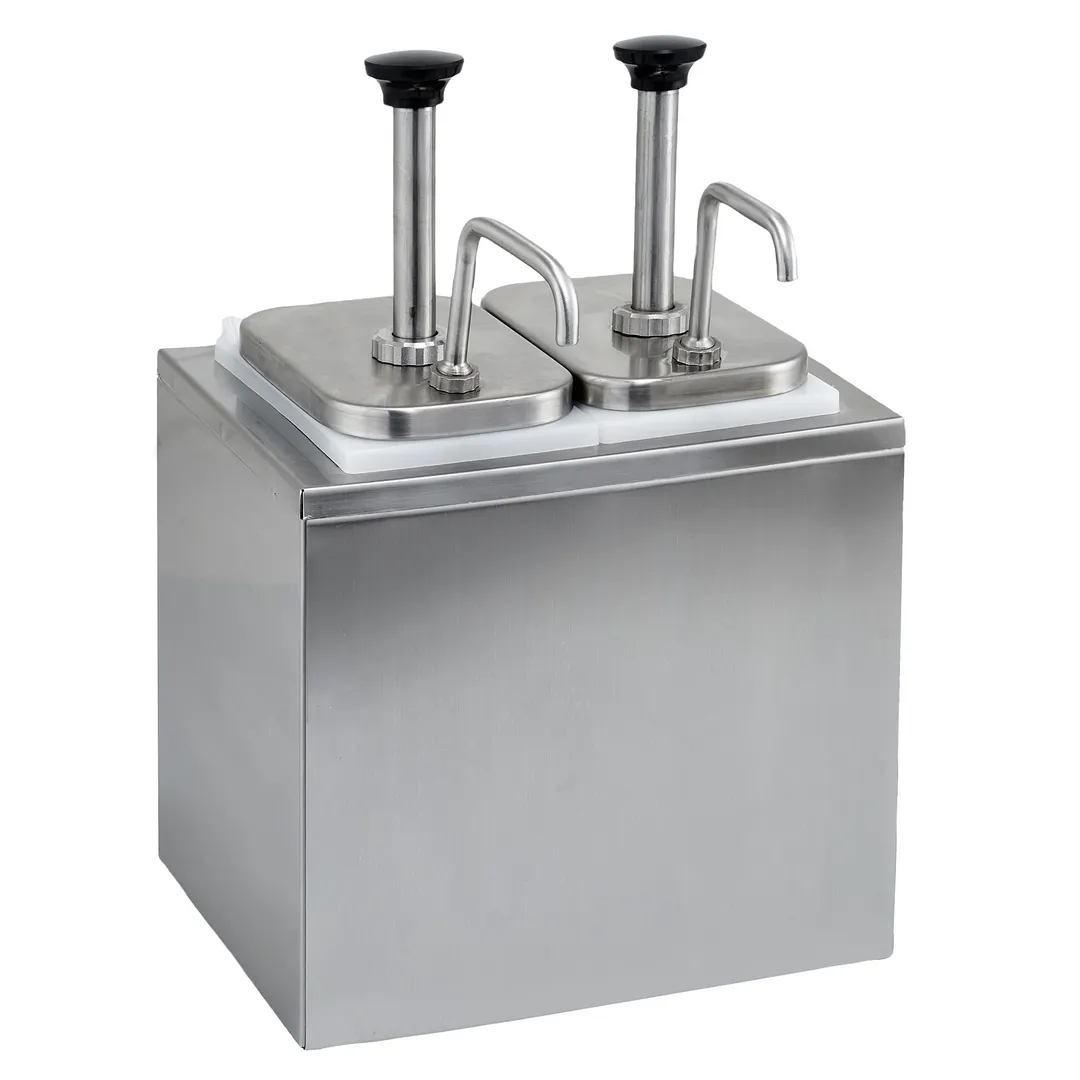 Winco PKTS-2D Condiment Pump Dispenser, 2-Qt Inserts, 11x8-3/4x16 H, 18/8 SS, 2 Pumps - Set