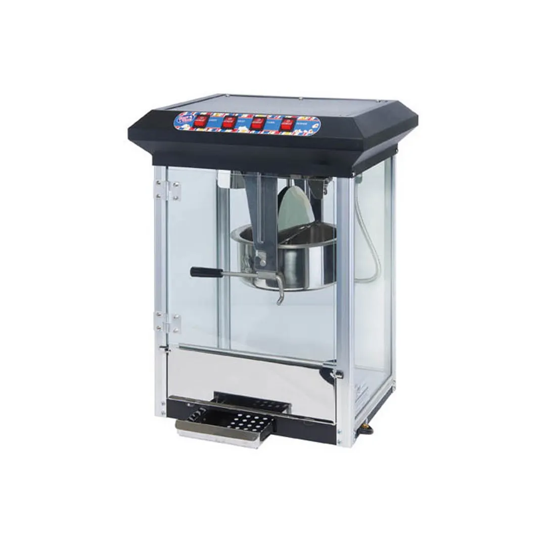 Winco POP-8B 17.75" Popcorn Machine, 8‑oz Black SS Kettle, 120V 1130W, Warmer, Controls, Tray - Set