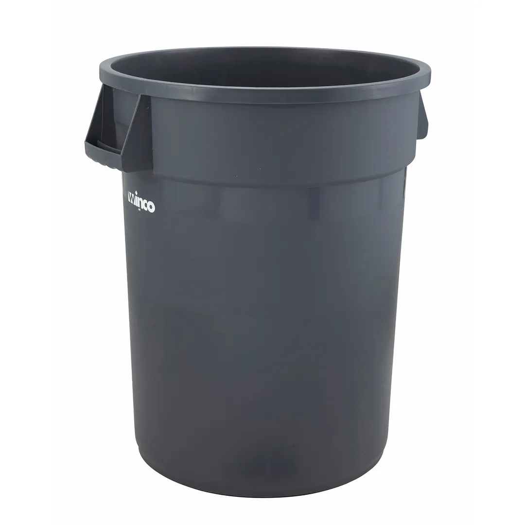 Winco PTC-44G 44 Gallon Round Trash Can, 34.5"L x 24"W x 31"H, Heavy Duty HDPE, Gray