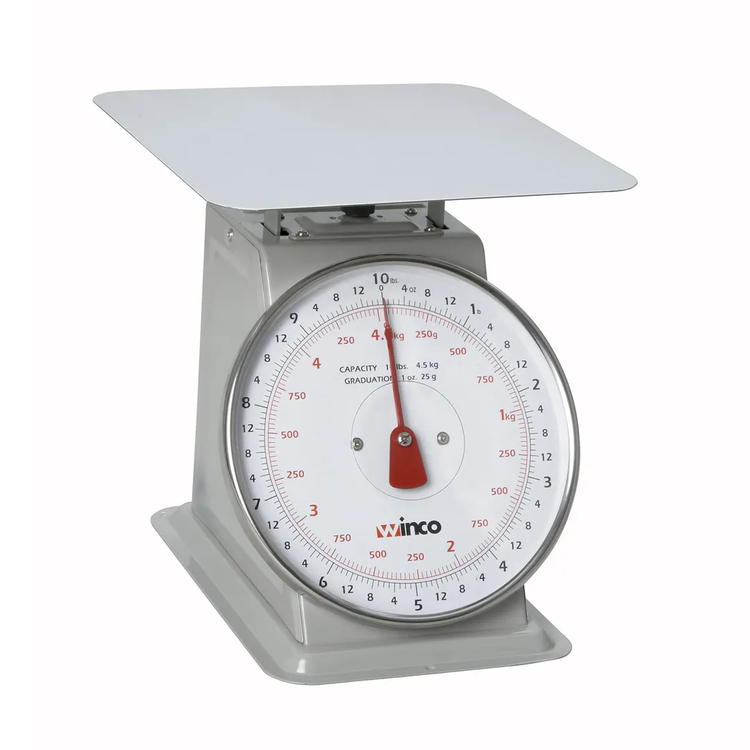 Winco SCAL-810 8" Dial 10 Lb. Portion Scale – 9-3/5" Steel Platform, 10-29 lb Capacity, Sloped Dial, Painted