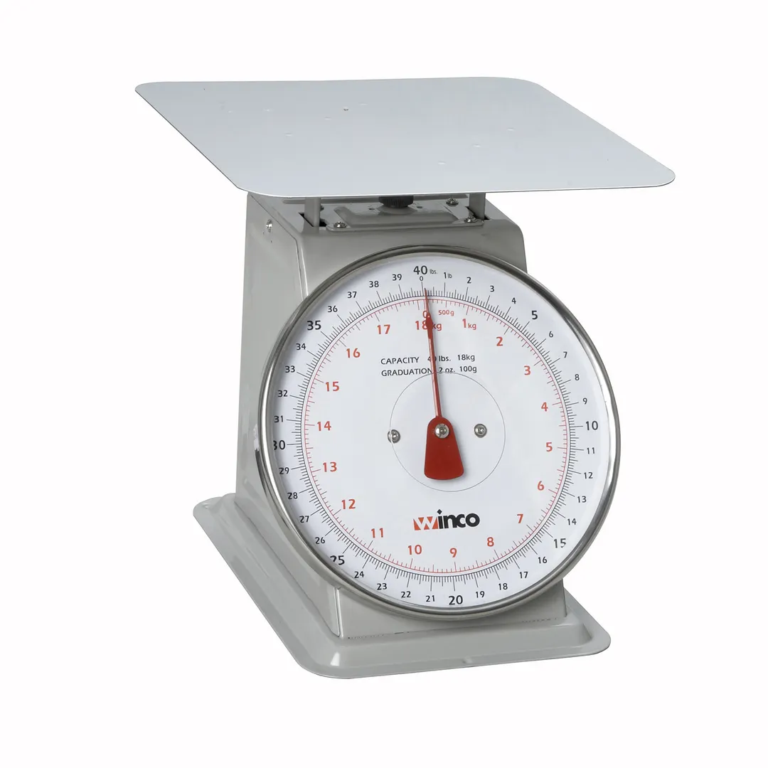 Winco SCAL-840 40 lb Receiving Scale – 8" Dial, 9-3/5" Painted Enamel Steel Platform, 30-75 lb Capacity, Sloped Display