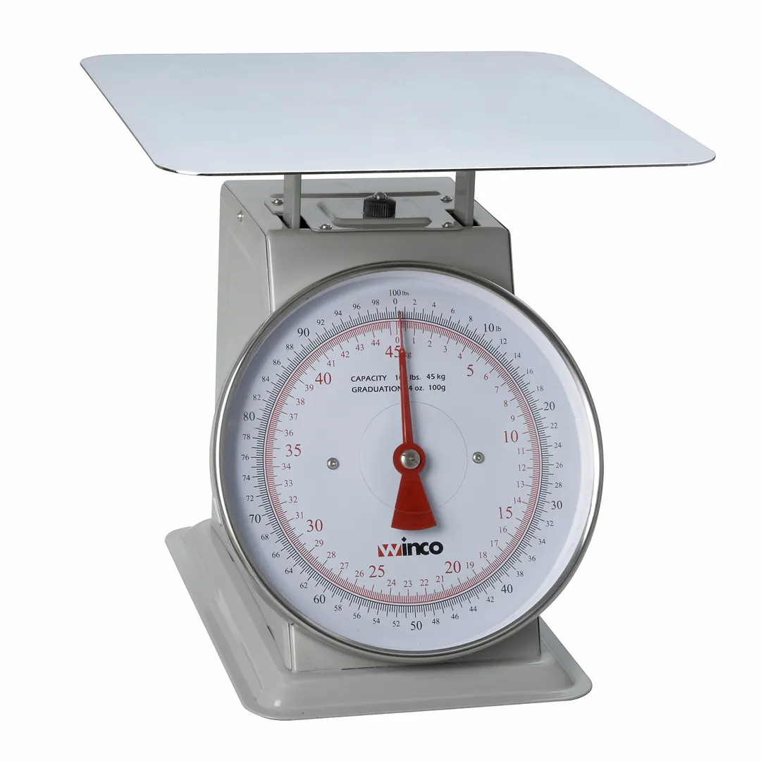 Winco SCAL-9100 9" Dial 100 lb. Portion Scale – 12-3/5" Steel, 100-250 lb Capacity, Painted Enamel Steel, Fixed Dial