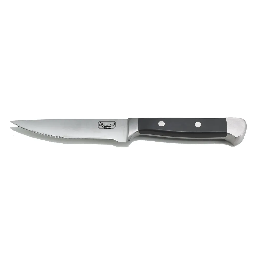 Winco SK-12 - 5" Blade Steak Knife, 11" OAL, Steel Blade, Black POM Handle, Heavy Duty - 1 Dozen