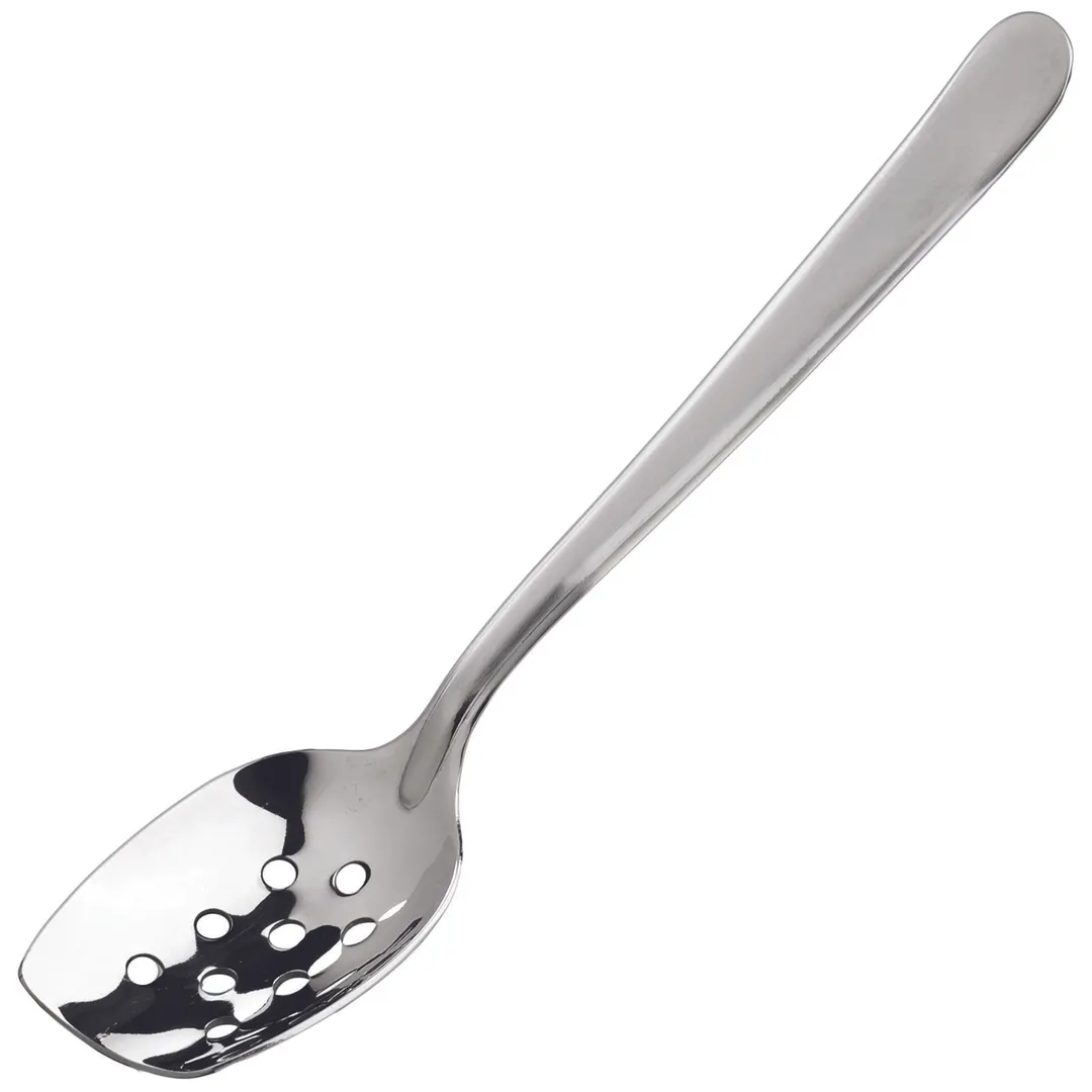 Winco SPS-P8 8" Stainless Steel Slanted Perforated Plating Spoon, Satin Finish