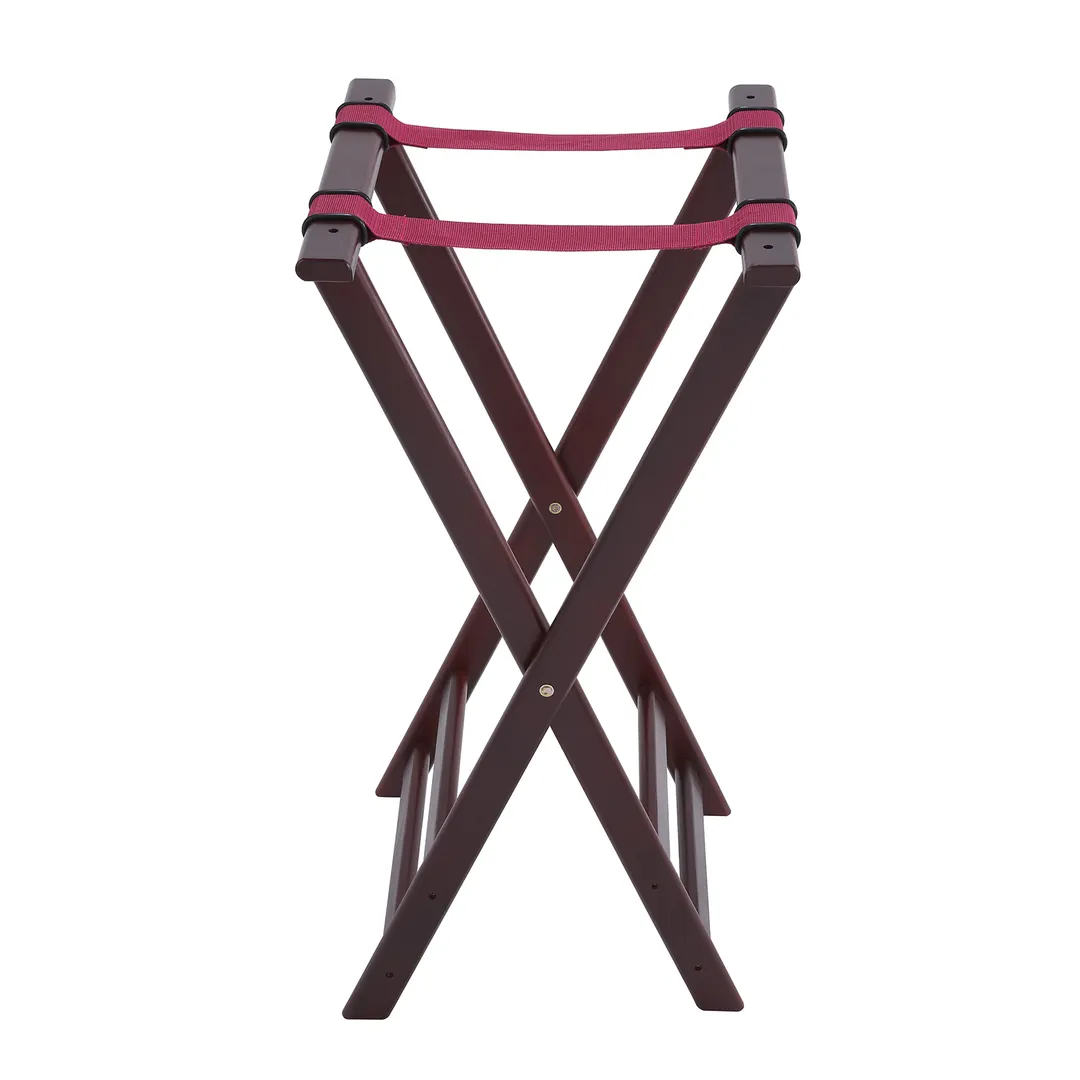 Winco TR-34W Tray Stand – 32" High Rubberwood, Mahogany Finish, Brown Frame with Red Strap, for Waitstaff Service