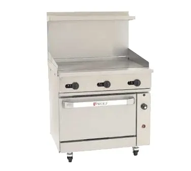 Wolf C36C-36GT 36" Gas Restaurant Range, 36" Full Griddle w/ Thermostatic Controls, (1) Convection Oven, 95.000 BTU