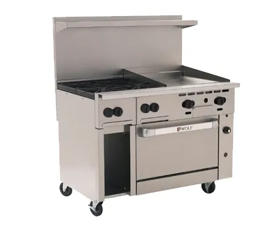 Wolf C48S-4B24GT 48" Gas Restaurant Range w/ (4) Open Burners, 24" Griddle Right w/ Thermostatic Controls, (1) Standard Oven, (1) Cabinet Base, 195.000 BTU
