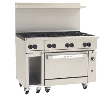 Wolf C48S-8B 48" Gas Restaurant Range w/ (8) Open Burners, (1) Standard Oven, (1) Cabinet Base, 275.000 BTU
