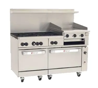 Wolf C60SC-6B24GB 60" Gas Restaurant Range w/ (6) Open Burners, 24" Raised Griddle/Broiler Right, (1) Standard Oven, (1) Convection Oven, 268.000 BTU