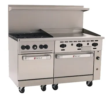 Wolf C60SS-4B36GT 60" Gas Restaurant Range w/ (4) Open Burners, 36" Griddle Right w/ Thermostatic Controls, (2) Standard Ovens, 238.000 BTU