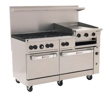 Wolf C60SS-6B24GB 60" Gas Restaurant Range w/ (6) Open Burners, 24" Raised Griddle/Broiler Right, (2) Standard Ovens, 268.000 BTU