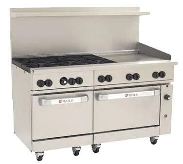 Wolf C60SS-6B24GT 60" Gas Restaurant Range w/ (6) Open Burners, 24" Griddle Right w/ Thermostatic Controls, (2) Standard Ovens, 278.000 BTU