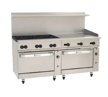 Wolf C72SC-6B36GT 72" Gas Restaurant Range w/ (6) Open Burners, 36" Griddle Right w/ Thermostatic Controls, (1) Standard Oven, (1) Convection Oven, 310.000 BTU