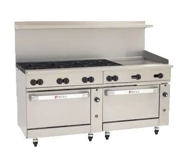 Wolf C72SC-8B24GT 72" Gas Restaurant Range w/ (8) Open Burners, 24" Griddle Right w/ Thermostatic Controls, (1) Standard Oven, (1) Convection Oven, 350.000 BTU