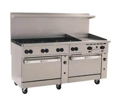 Wolf C72SS-8B24GT 72" Gas Restaurant Range w/ (8) Open Burners, 36" Griddle Right w/ Thermostatic Controls, (2) Standard Ovens, 350.000 BTU 