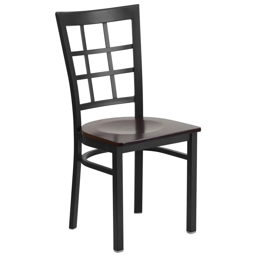 Flash Furniture XU-DG6Q3BWIN-WALW-GG Hercules Series Restaurant Chair, Metal Grid Back, Walnut Finish Wood Seat, Black Powder Coated Steel Frame