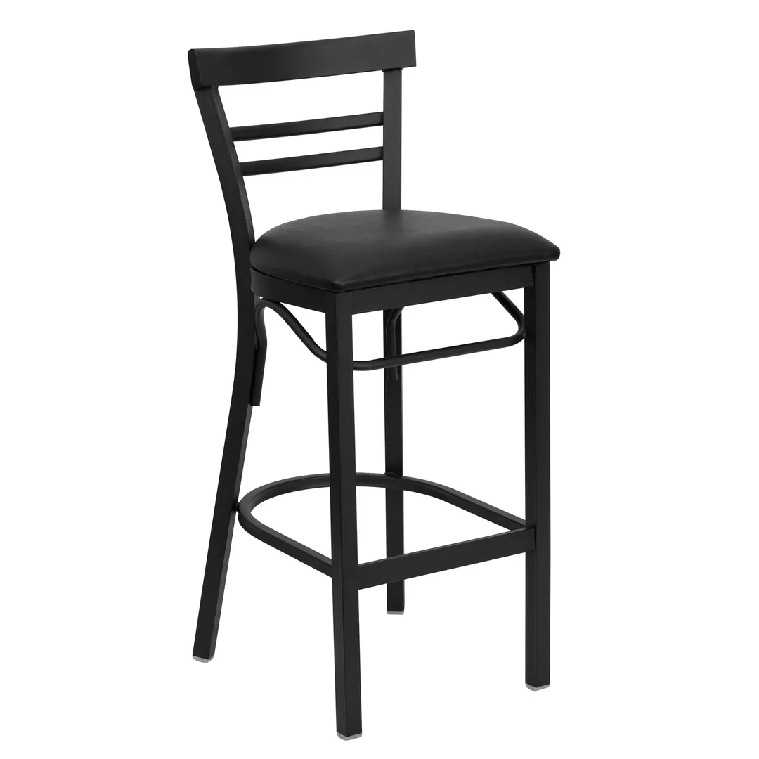 Flash Furniture XU-DG6R9BLAD-BAR-BLKV-GG Hercules Series Bar Stool, 18‑Gauge Steel Frame, Black Vinyl Upholstered Seat, Ladder Back, 2‑1/2” CA117 Foam, Footrest, Plastic Glides