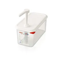 product of Carlisle 01358 Araven Sauce Dispenser, 4.3 L 4.5 Qt 1/4 GN, White Hand Pump & Lid, Clear Container