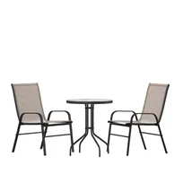 product of Flash Furniture TLH-0701303C-BN-GG Brazos 3 Piece Outdoor Patio Dining Set, 23.75" Round Tempered Glass Table, 2 Brown Flex Comfort Stack Chairs