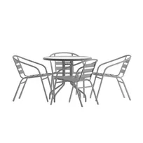 product of Flash Furniture TLH-072RD-017CSV4-GG Lila 31.5in Glass Top Metal Table Set with 4 Silver Aluminum Slat Stack Chairs