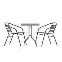product of Flash Furniture TLH-0731SQ-017CBZ2-GG Lila 23-1/2" Square Glass Top Metal Table with 4 Bronze Aluminum Slat Stack Chairs