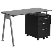 product of Flash Furniture NAN-WK-021A-GG Mobile Computer Desk, 47.25"W x 23.5"D x 29.5"H, Tempered Glass Top, Silver Powder Coated Metal Frame, Black