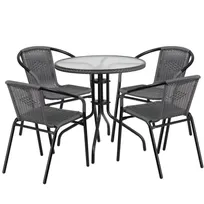 product of Flash Furniture TLH-087RD-037GY4-GG 28" Round Table & 4 Chair Set, Gray Rattan, Black Metal Frame