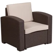 product of Flash Furniture DAD-SF1-1-GG Outdoor Lounge Chair, 32.75"W x 28"D x 32"H, Faux Rattan, Beige Cushion, Chocolate Brown