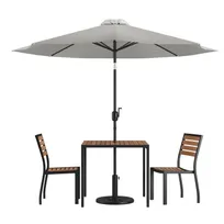 product of Flash Furniture XU-DG-810060362-UB19BGY-GG 35" Square Patio Dining Table Set with 2 Stacking Faux Teak Chairs and Gray Umbrella