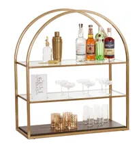 product of Cal-Mil 22904-112 Merchandising Rack, 33-1/2"W x 13-3/4"D x 38-1/4"H, 3 Tiers, Gold Metal & Dark Wood Shelves, Arched Frame, Heritage