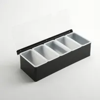 product of American Metalcraft CDB5 5-Compartment Bar Holder, Black Steel, 14.75"L x 5.75"W x 3.5"H, with 16-oz Plastic Containers