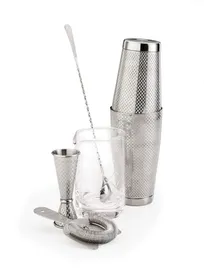 product of Mercer M37207 Set, 18 & 28 oz Shakers, 17 oz Glass, 1 oz/2 oz Jigger, 13-3/16" Spoon/Strainer, Steel