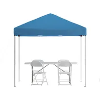 product of Flash Furniture JJ-GZ88183Z-4LEL3-BLWH-GG 8'x8' Blue Pop-up Canopy Tent with Table and 4 White Folding Chairs Set