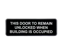product of TableCraft Products 394562 Compliance Sign, 3" x 9", White on Black, Unlocked Door Sign