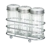 product of TableCraft Products 659N Dispenser Set, Three 2 oz Fluted Glass Shakers with Steel Tops, Chrome Rack