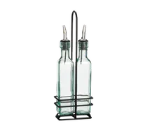 product of TableCraft H9085NBK Oil & Vinegar Cruet Set - 2x8-oz Green Glass Bottles, Pourer, Metal Rack - 2/Set