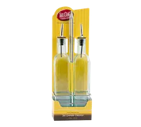 product of TableCraft H916N Oil & Vinegar Cruet Set - 2x16oz Green Tint Glass, Steel Pourer, Chrome Rack - 2/Set