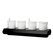 product of CAC China BF-PS40 Jam Sauce Pot Set, 4 Porcelain Pots 42 oz (5" Dia x 5-3/4" H) with Metal Stand 24-3/4" L x 10-1/2" W, Super White, Dishwasher Safe - Set