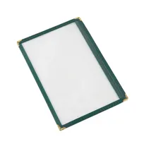 product of CAC China MCP1-58GN Menu Cover, 1-Pocket Vinyl, 8-1/2" x 5-1/2" Clear View, Brass Corners, Green Trim