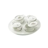 product of CAC China PT-B4 Condiment Caddy Set, Four 2" Jars with Lids, One 8-1/4" Tray, Dishwasher Safe - Set