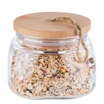 product of APS Germany APS 82255 - 33.9oz Clear Glass Jar, 5.6" Dia x 4.4" H, Wooden Lid with Rope Pull - 12/Case