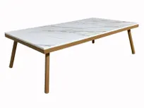 product of Plantation Prestige 8262647-0160 Bali Coffee Table, 47"W x 26"D x 14"H, White Sintered Stone Marble Top, Aluminum Frame, Golden Oak Finish