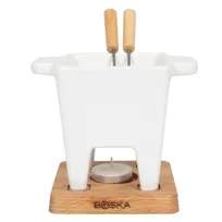 product of Boska 340030 Tapas Fondue Set Bianco, White Pan 4.72"W x 4.72"D x 6.10"H with Oak Base and Forks