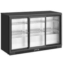 product of Unity U-BB3 3-Section Cooler, 54" 12 cu ft, Black, Glass Sliding Doors, Shelves, Temp Control