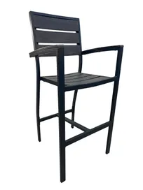 product of AAA Furniture Wholesale FB-09BS/ARM Outdoor Barstool with Armrest, Walnut Teakwood Slatted Back & Seat, Black Aluminum Frame